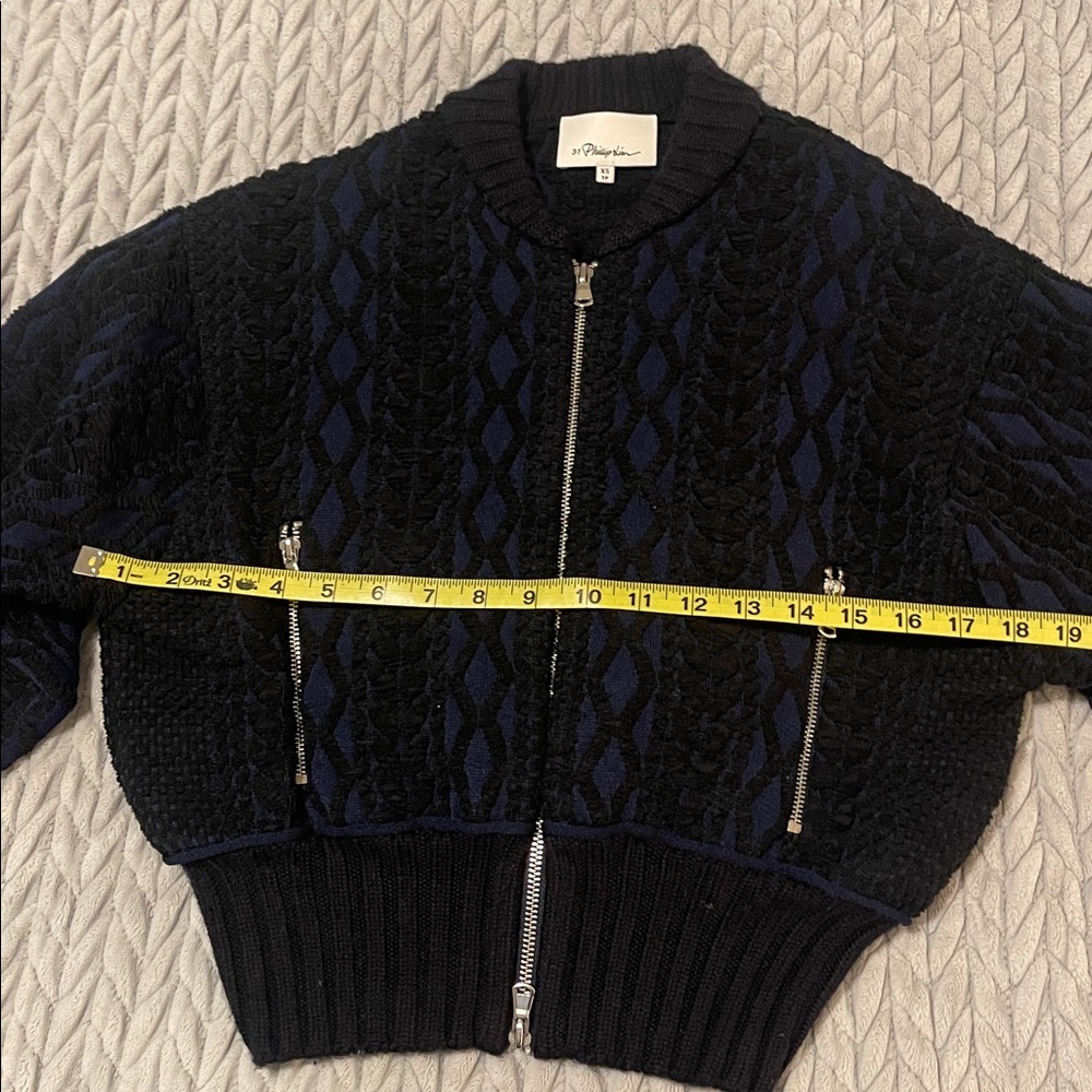 3.1 Phillip Lim Black and Navy Textured Bomber Jacket - Picture 12 of 14